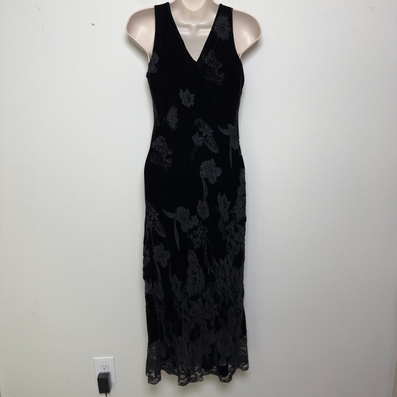 VTG Y2K 90s  Women Fairy Grunge Velvet Burnout Silk Evening Dress Midi Lace Trim - Picture 12 of 13
